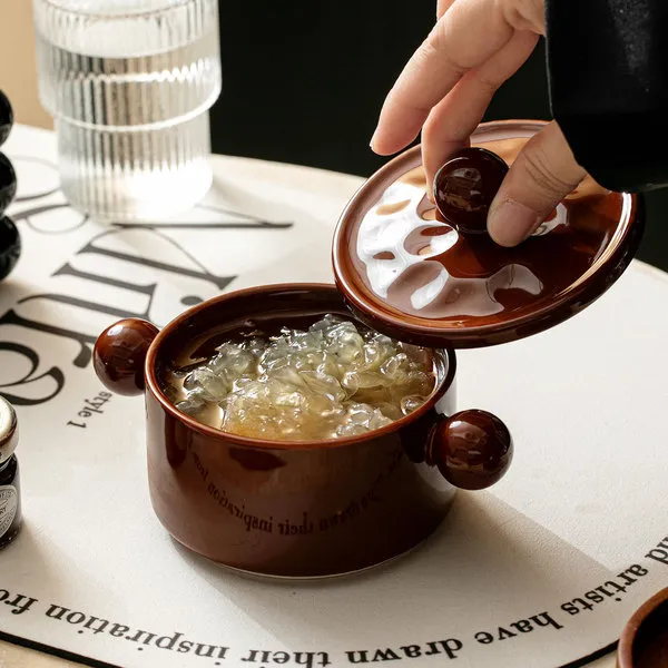 Baked bowl with lid for both ears [brown]