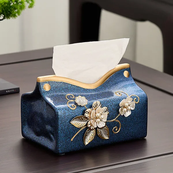 Blue embossed flower square tissue box