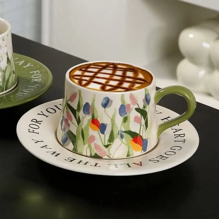Coffee Cup and Saucer Set, Accessible Luxury and High-End Gesanghua Ceramic Cup, Niche Girl Gift, Afternoon Tea Flower Tea Cup