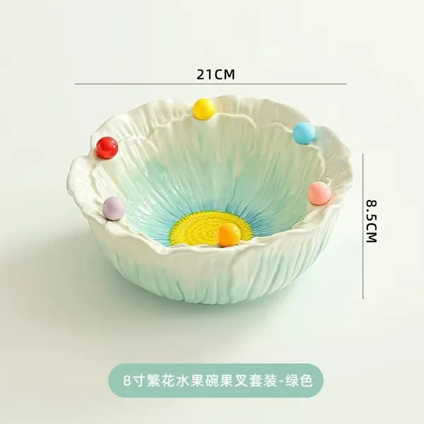 Flower fruit bowl + 6-color fruit fork [gradient green]