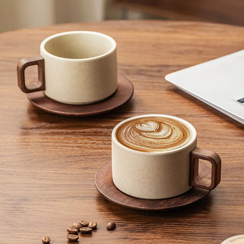Square handle wooden coaster cup