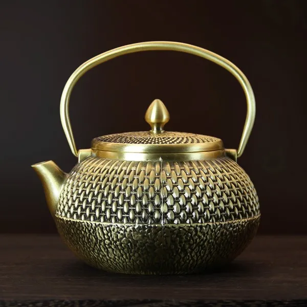 Pure Brass Teapot Dragon and Phoenix Pot Antique Wire-drawing Money Pot Home Decoration Collection Crafts