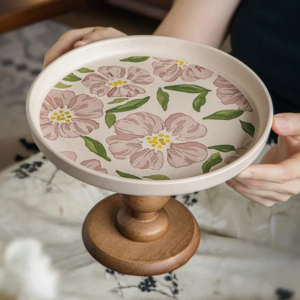 Pink hibiscus- 8.5inch wooden tall fruit plate