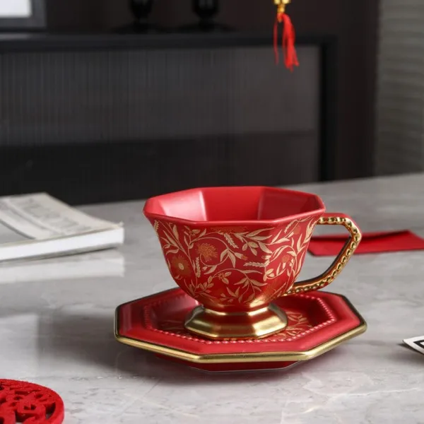 Mandala flower octagonal coffee cup and saucer - red
