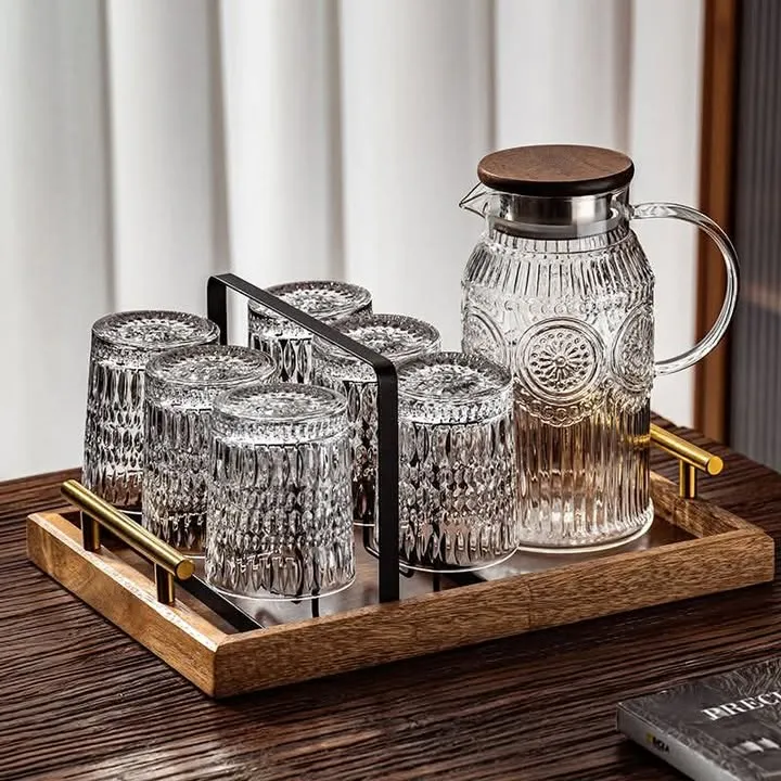 6 pcs glass + 1 pcs jug + gllass stand + wooden tray