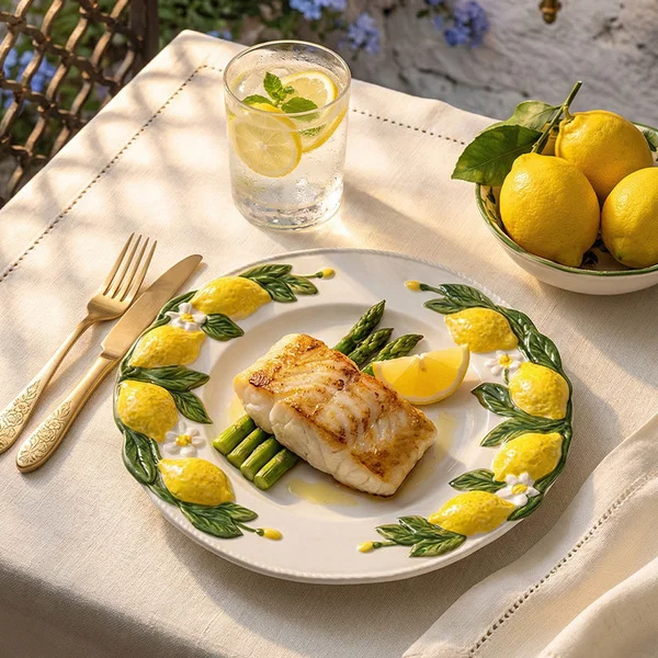Lemon Embossed Ceramic Large Dinner Plate, High Aesthetic Value for Restaurant Presentation