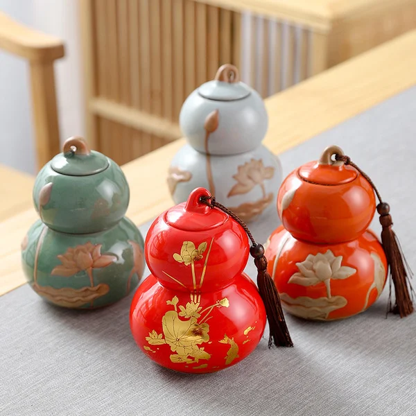Gourd-Shaped Ceramic Tea Canister, Ru Kiln Double-Layer Independent Tea Canister, Elderly Birthday Banquet Gift, Return Gift for Guests, Corporate Business Gift