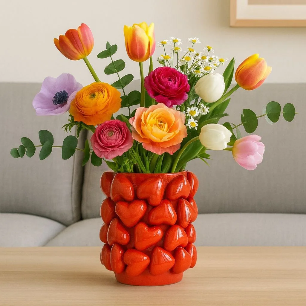 Scandinavian Style Creative Niche Living Room Desktop High-End Ornaments 3D Stereo Decorative Red Heart Ceramic Vase