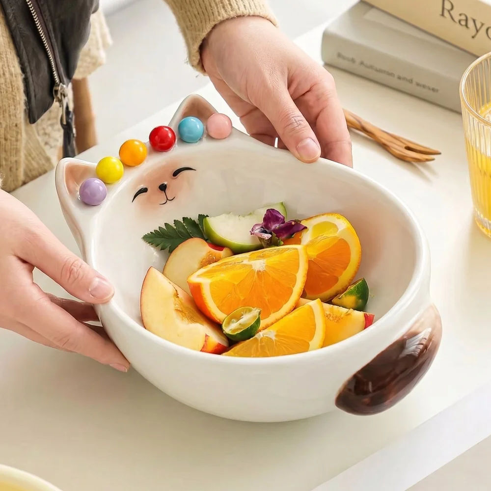 Ceramic Fruit Plate, Fruit Fork Plate, Stainless Steel Fork, Household Salad Bowl, Fruit Bowl, Fruit Fork, Fruit Skewer, Living Room Fruit Plate