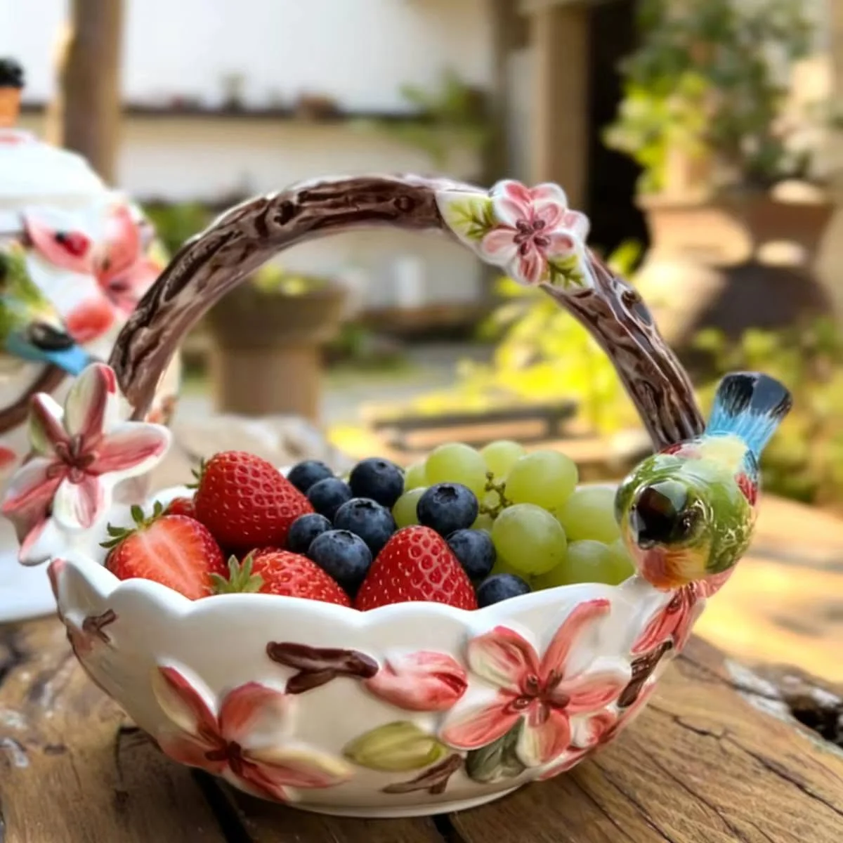 Ceramic floral and bird fruit plate/basket, hand-painted flowers, creative fruit basket ornament, 2025 new style, perfect for gifting in a new home.