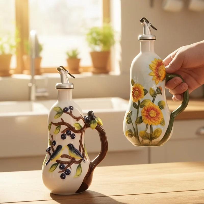 Scandinavian Simple Creative Hand-Painted Ceramic Seasoning Bottle Flower and Bird Fruit Pattern Soy Sauce Vinegar Oil Bottle Decoration Restaurant Kitchen