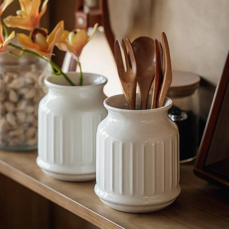 Gardenia White Kitchen Relief Ceramic Storage Jar, Japanese Style Chopstick Holder, Dining Table Storage Bucket, Decorative Ornament, Cross-border Export