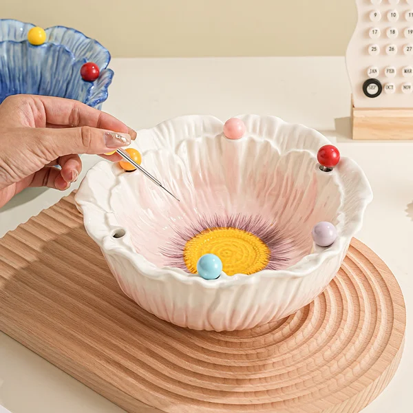 [pink and white] flower fruit bowl [6 forks]