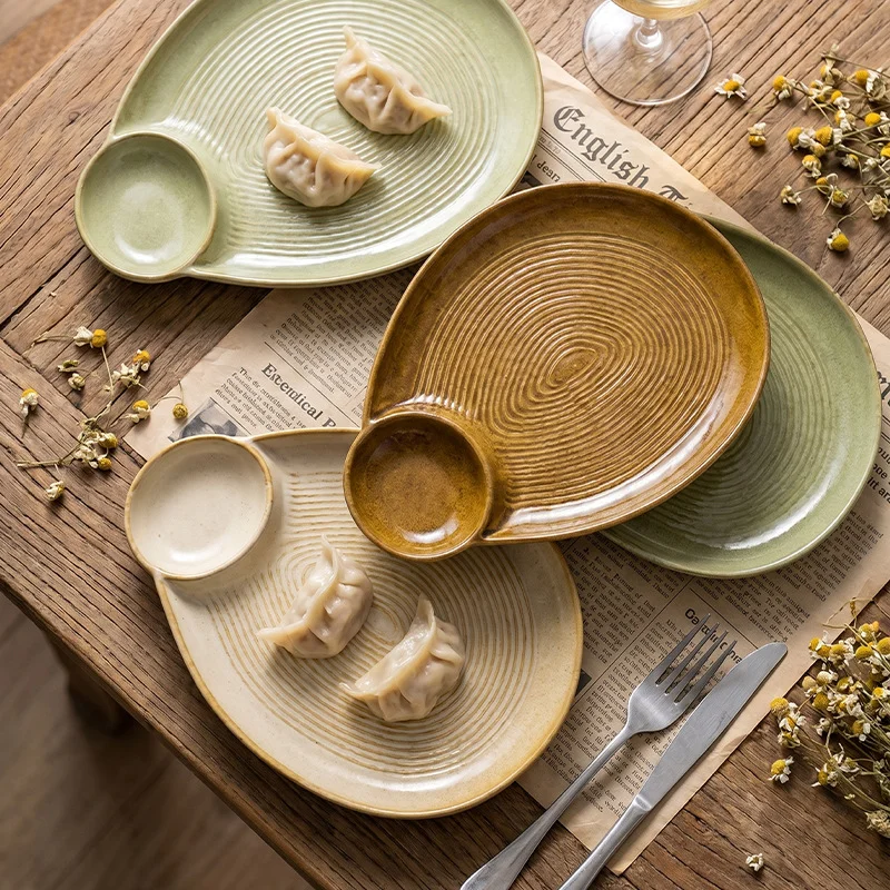 1 Pcs Minimalian kiln transition multi-color threaded clay dining table, restaurant with dipping disc dumplings, home practical dishes